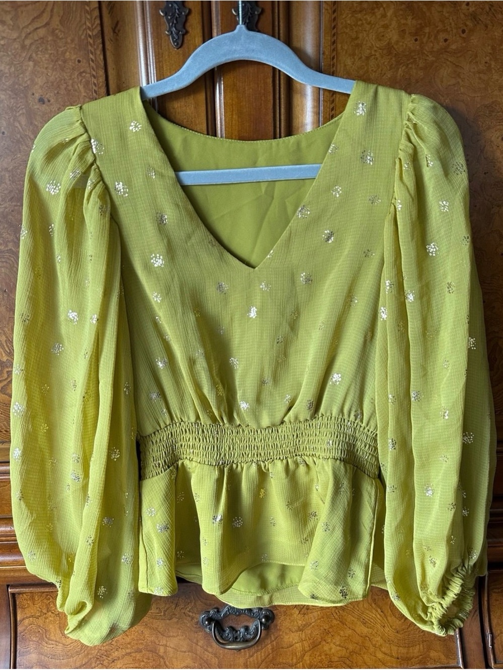 La Cite yellow  Smocked Peplum Blouse Small Puff Sleeve NWT